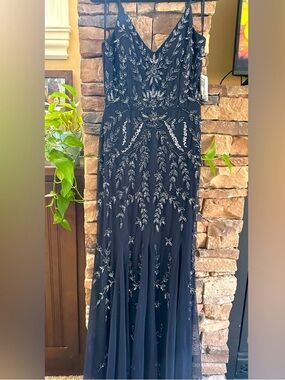 Marina Navy Beaded Spaghetti Strap Evening size 12 Gown in excellent condition